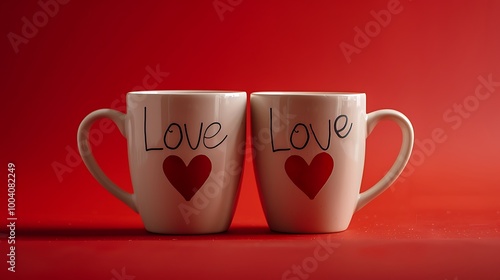 Two mugs with the word love and a little heart against red background