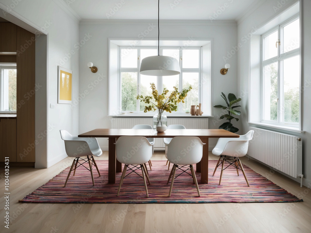 A vibrant Scandinavian dining room with minimalist design, featuring a multicolored rug A vibrant Scandinavian dining room with minimalist design, featuring a multicolored rug