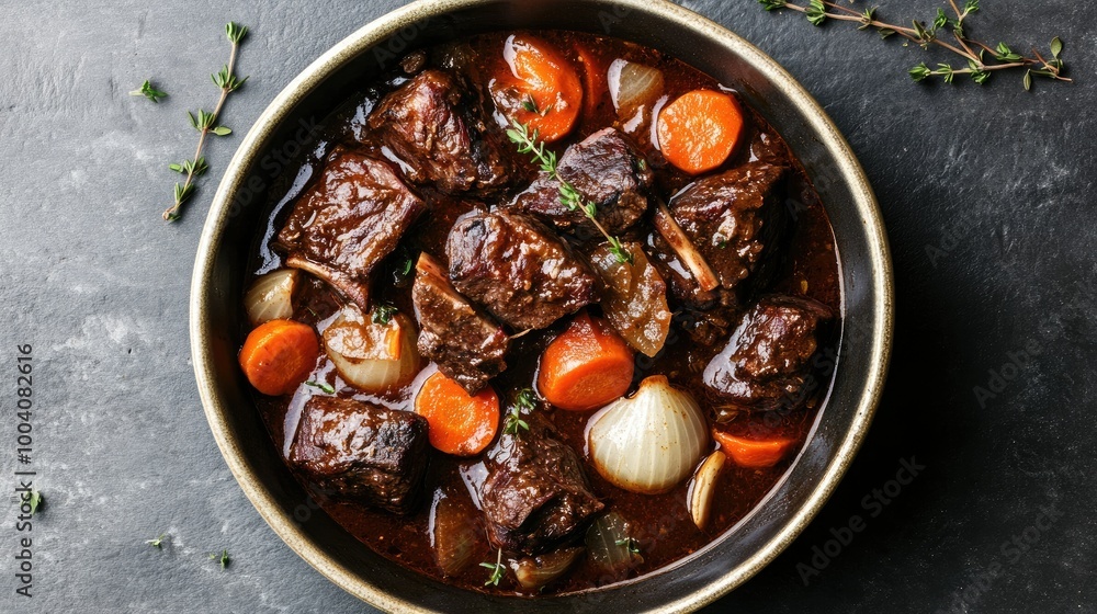 Beef ribs Bourguignon in a deep ceramic dish, with vibrant carrots, onions, and a dark red wine sauce, captured from above on a grey textured table with scattered thyme. Beef ribs Bourguignon in a deep ceramic dish, with vibrant carrots, onions, and a dark red wine sauce, captured from above on a grey textured table with scattered thyme.