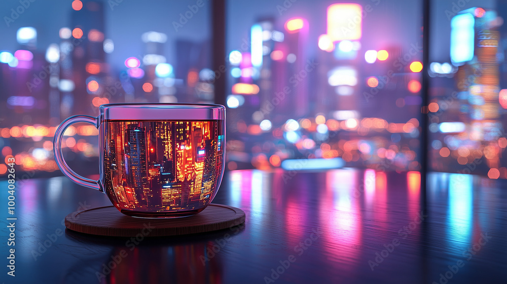 Glass cup reflecting a cityscape with colorful lights, futuristic urban scene, vibrant city bokeh background at night Glass cup reflecting a cityscape with colorful lights, futuristic urban scene, vibrant city bokeh background at night