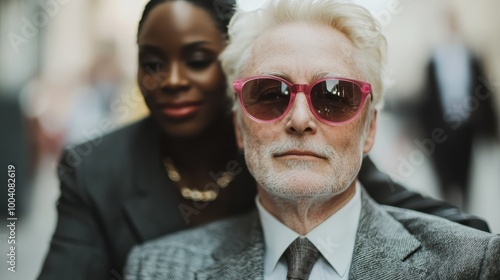 The image features an elderly man with white hair and beard, wearing pink sunglasses and a gray suit, seated with a companion in a blurred urban background.