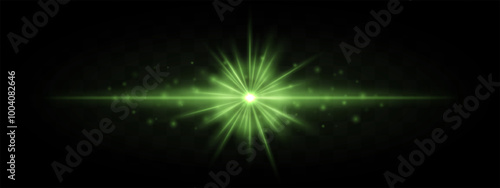 Horizontal green laser beam with starburst effect and scattered glowing particles on a transparent background. Ideal for sci-fi, futuristic, or technology-themed designs. photo