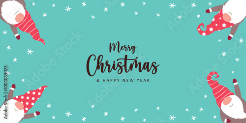 christmas greeting card with cute christmas dwarf in winter vector illustration