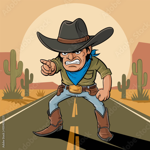 Determined cowboy pointing in a desert landscape.