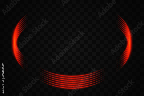 red curved neon light elements forming a partial circle on a transparent background. Ideal for futuristic and tech-themed designs.