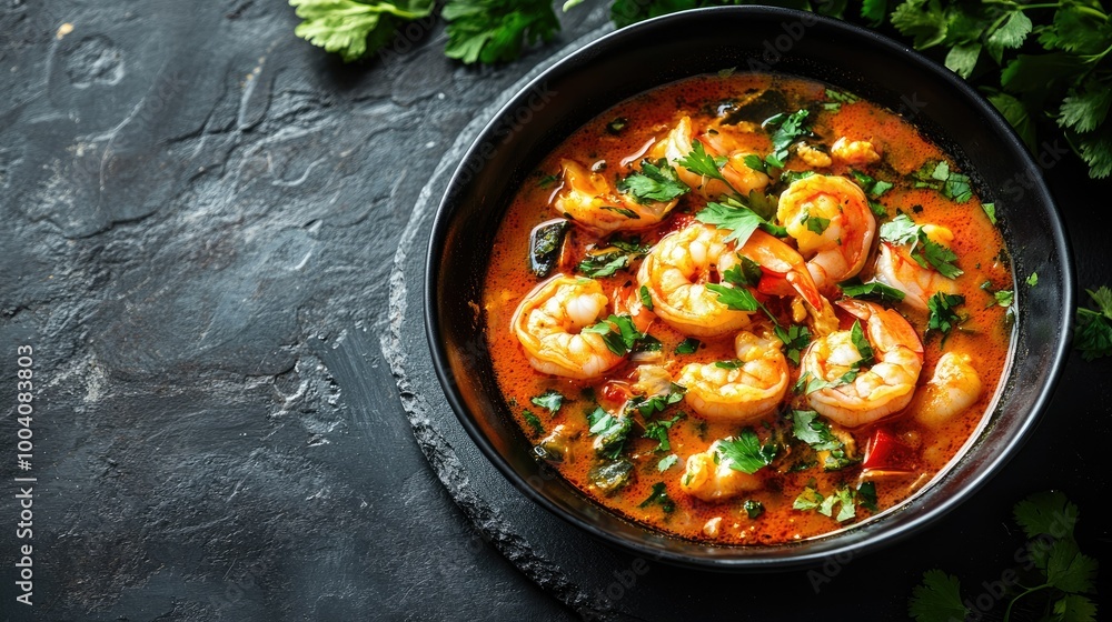 Close-up of moqueca with fish and shrimp presented in a sleek black bowl on a dark slate tabletop, beautifully styled with fresh herbs and clear copy space. Close-up of moqueca with fish and shrimp presented in a sleek black bowl on a dark slate tabletop, beautifully styled with fresh herbs and clear copy space.