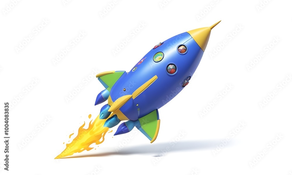 A cartoon rocket ship with a flame at the bottom, floating against a white background A cartoon rocket ship with a flame at the bottom, floating against a white background