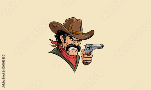 Angry cowboy aiming a revolver.
