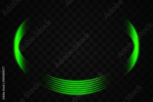 Green curved neon light elements forming a partial circle on a transparent background. Ideal for futuristic and tech-themed designs.