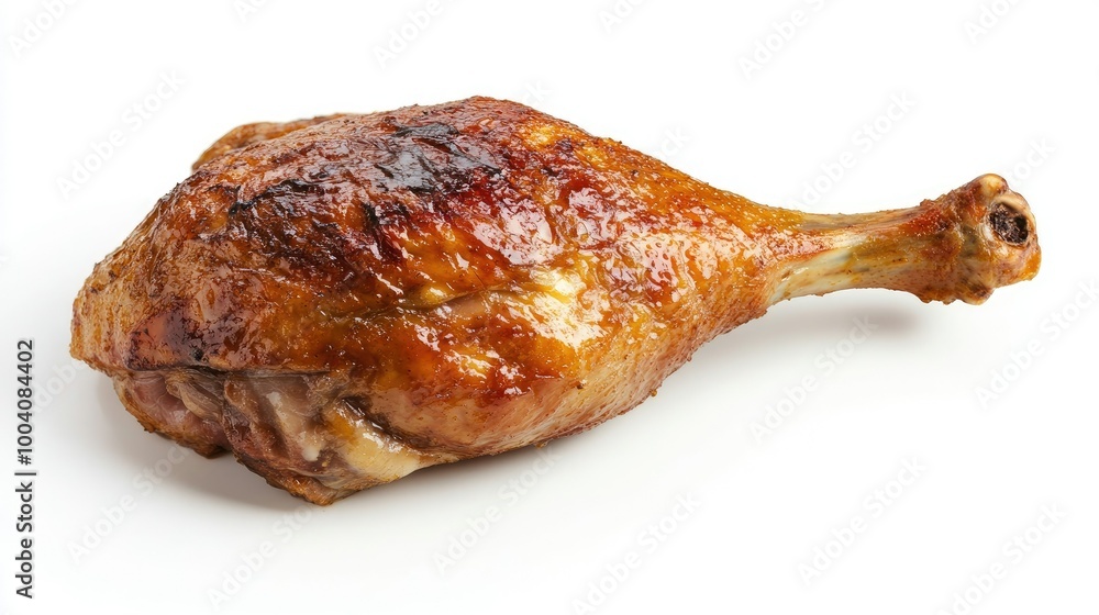 Closeup of a roast duck leg isolated on a white background, featuring the golden, crispy skin and rich color, perfect for highlighting gourmet cooking techniques.