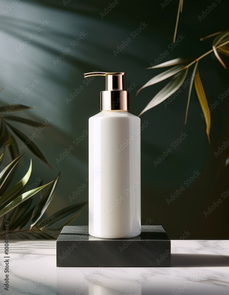 White pump bottle on a black marble base White pump bottle on a black marble base