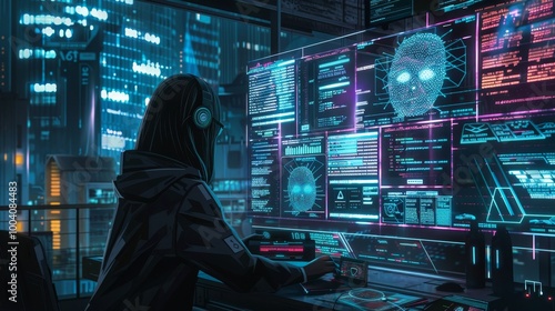 Futuristic night scene of a female programmer coding with holographic displays and ai cybersecurity