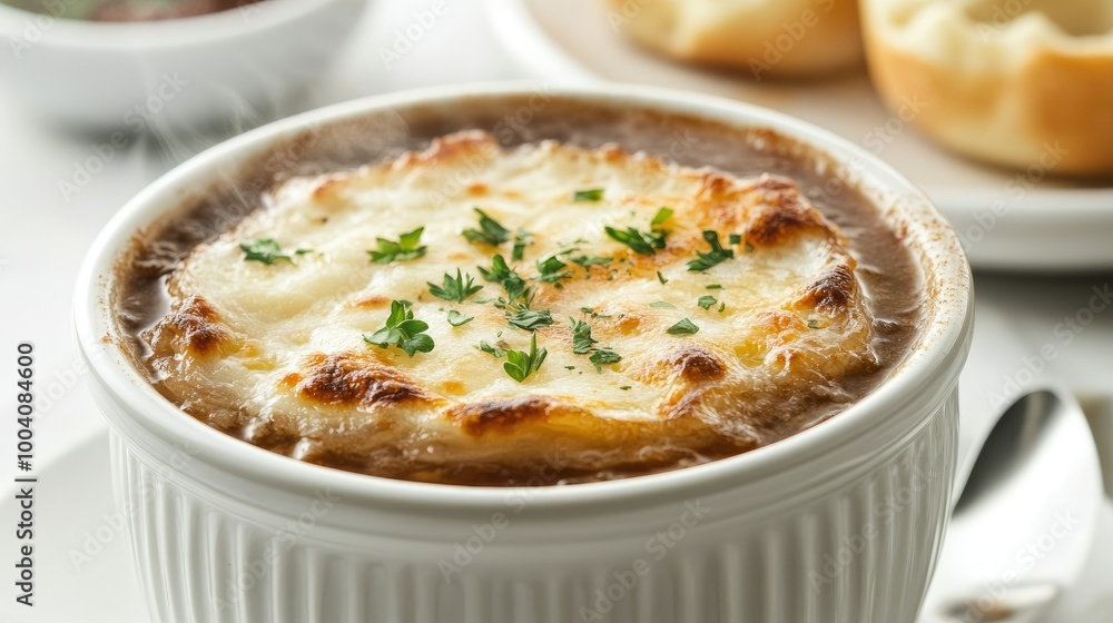 Closeup of a steaming bowl of French onion soup, rich with flavor and topped with cheese, positioned on a white surface with generous copy space for text. Closeup of a steaming bowl of French onion soup, rich with flavor and topped with cheese, positioned on a white surface with generous copy space for text.