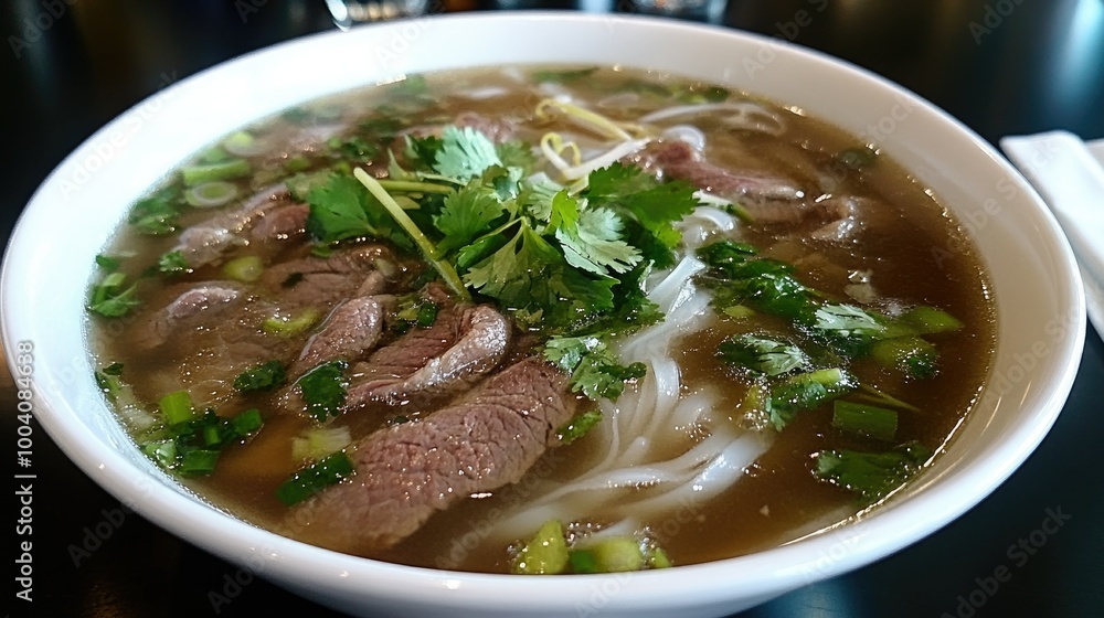 A bowl of Vietnamese pho, with fresh herbs, thinly sliced beef, and rice noodles in a rich broth. A bowl of Vietnamese pho, with fresh herbs, thinly sliced beef, and rice noodles in a rich broth.