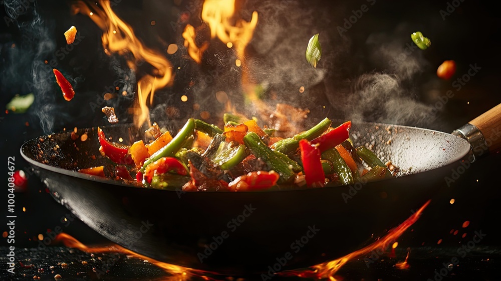 Closeup of a wok full of sizzling vegetables tossed by a chef, flames leaping from the pan, captured in a dynamic cooking scene against a dark background. Closeup of a wok full of sizzling vegetables tossed by a chef, flames leaping from the pan, captured in a dynamic cooking scene against a dark background.