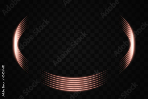 Golden curved neon light elements forming a partial circle on a transparent background. Ideal for futuristic and tech-themed designs.