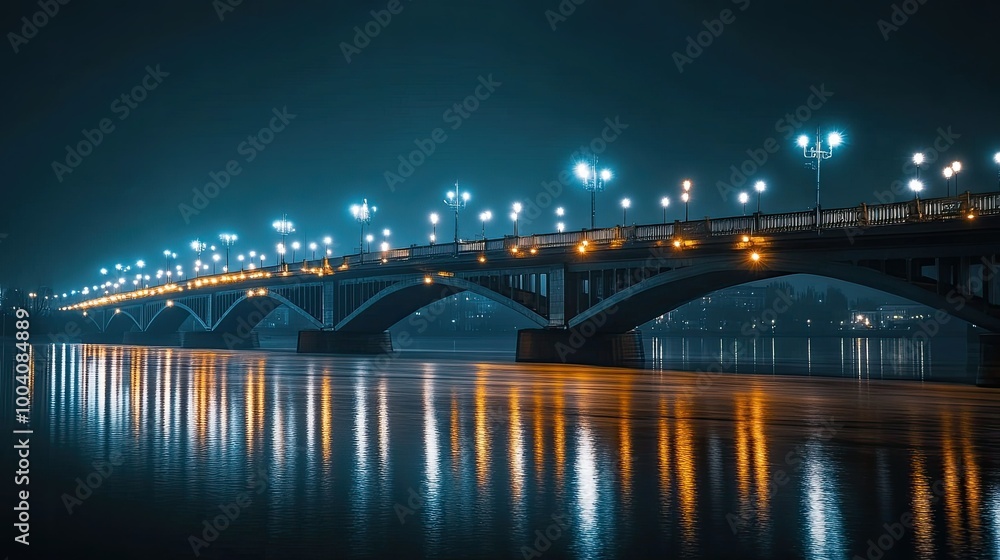 Naklejka premium A bridge at night, with bright streetlights glowing along its length, creating a reflection on the water below.