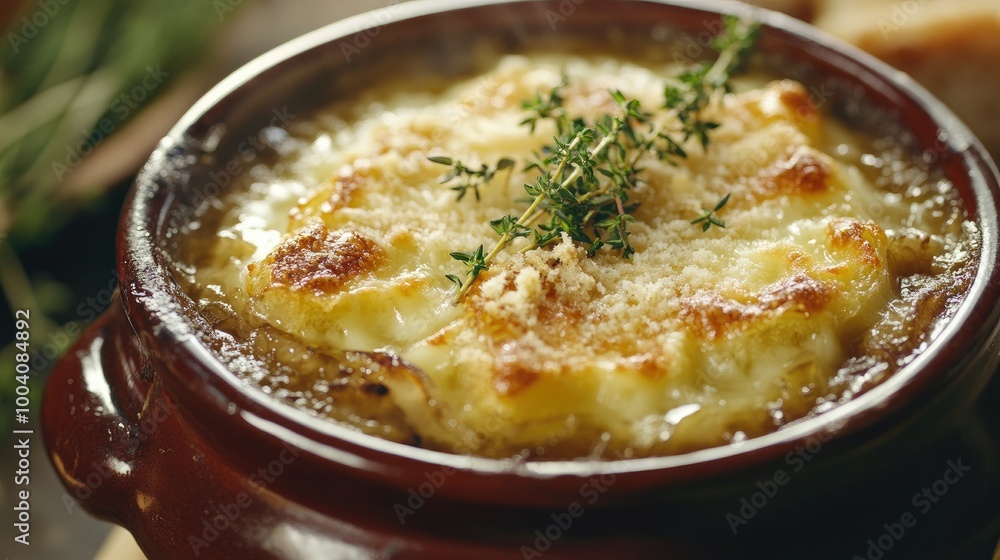 Closeup of bubbling French onion soup with crispy cheese croutons and thyme, beautifully styled from a top perspective, ideal for gourmet food photography. Closeup of bubbling French onion soup with crispy cheese croutons and thyme, beautifully styled from a top perspective, ideal for gourmet food photography.