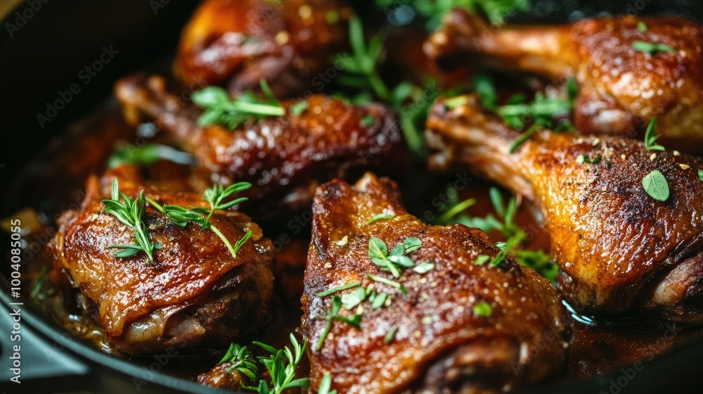 Closeup of duck confit with golden-brown legs, garnished with fresh herbs and served in a cast-iron skillet, showcasing the dish's rich textures and flavors. Closeup of duck confit with golden-brown legs, garnished with fresh herbs and served in a cast-iron skillet, showcasing the dish's rich textures and flavors.