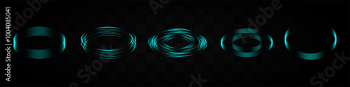Set of red neon light rings forming various patterns on a transparent background. Ideal for tech, sci-fi, or digital design elements.