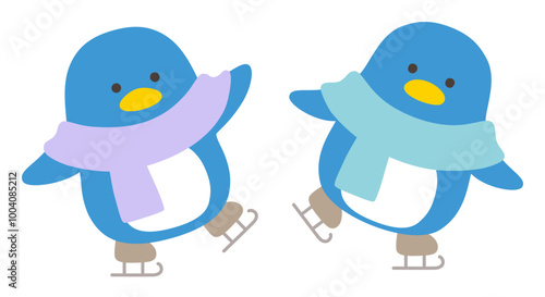 スケートするペンギンのベクターイラスト。冬、マフラー、鳥