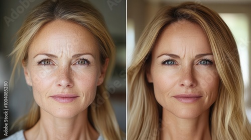 before and after comparison showcasing dramatic reduction in forehead fine lines and wrinkles after a botox treatment set against a neutral background to highlight the transformation