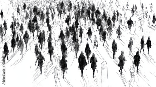  large number of sketched figures in black and white that appear to be walking in different directions. 
