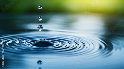 Water droplets creating ripples on a serene water surface, focused close-up.