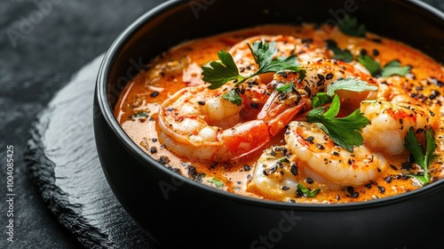 Closeup of moqueca featuring shrimp and fish in a black bowl, garnished with fresh herbs, against a dark slate background with generous copy space.