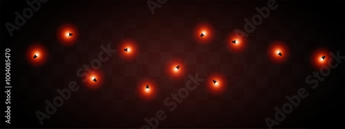 A string of red glowing fairy lights on a transparent background. Decorative, warm lighting for holidays or festive occasions.