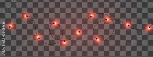 A string of red glowing fairy lights on a transparent background. Decorative, warm lighting for holidays or festive occasions.