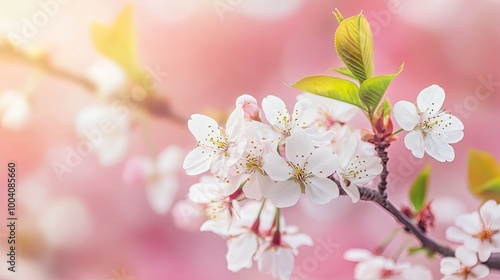 A close-up of a blooming cherry blossom tree, branches spread across a pastel pink background, highlighting delicate petals in sharp focus.