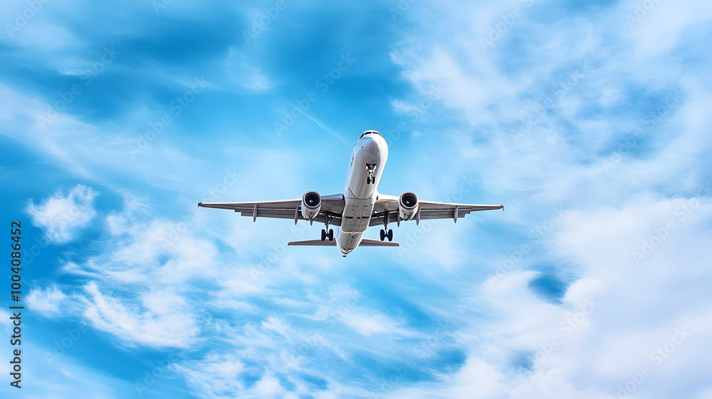 Panoramic Background with flying plane in blue sky Panoramic Background with flying plane in blue sky