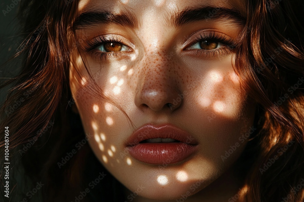 A beautiful woman with brown hair and light skin, polka dot sunbeams on her face. A beautiful woman with brown hair and light skin, polka dot sunbeams on her face.