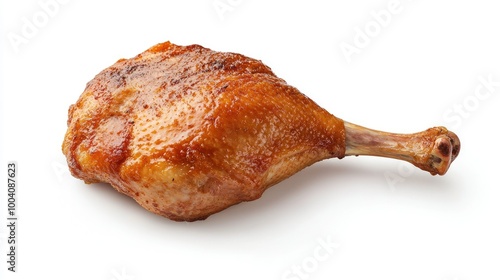 Isolated roast duck leg with a crispy exterior, placed on a clean white background, ideal for showcasing gourmet poultry dishes or culinary blogs and menus. -