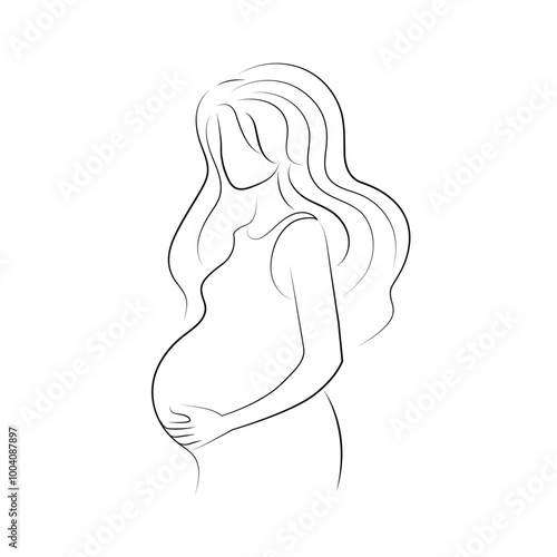 A picture about Maternity, a lovely pregnant mother holding her belly in line style on white background, vector illustration 