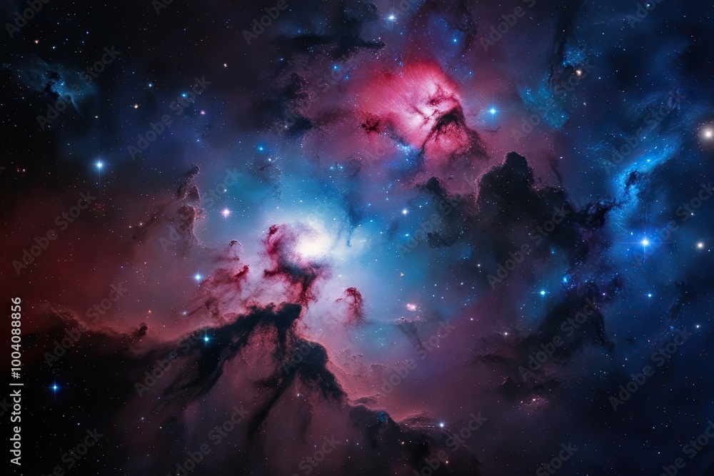 Fototapeta premium Vibrant Cosmic Skyscape with Illuminated Nebulae in a Three-Dimensional Backdrop