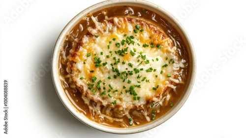 Top view of a hearty serving of French onion soup in a ceramic bowl, highlighting the crispy cheese layer and vibrant onions, isolated on a white surface