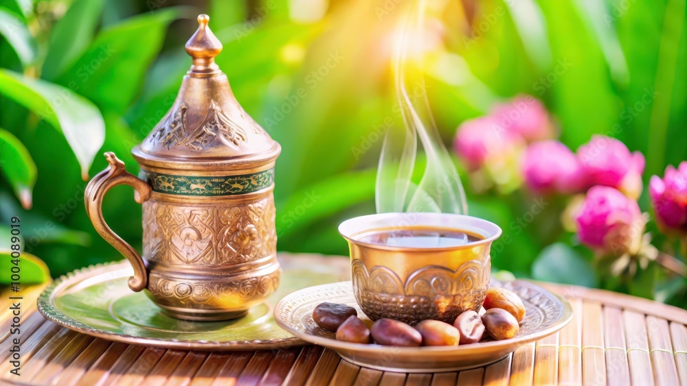 Fototapeta premium Elegant cup of steaming coffee with brass pot and dates on a decorative tray in a lush garden setting