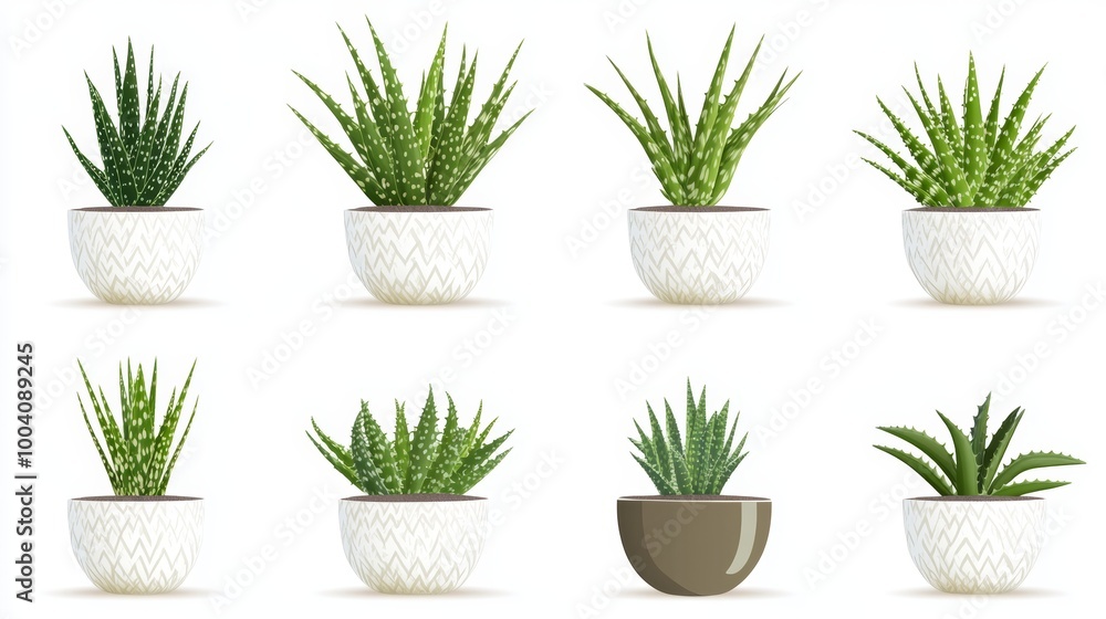 Set of eight potted succulent plants isolated on white background. Set of eight potted succulent plants isolated on white background.