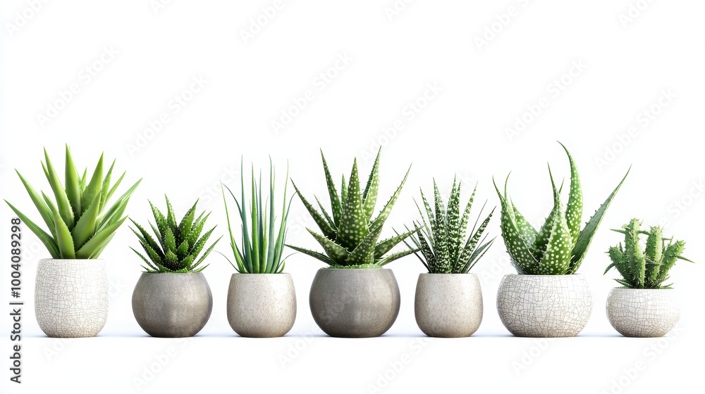 Row of potted succulents on white background. Row of potted succulents on white background.