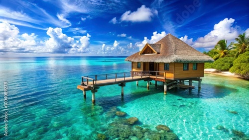 Stunning overwater bungalow on turquoise waters with vibrant tropical scenery and blue sky