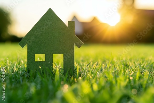 A green house model sits on lush grass, symbolizing eco-friendly living and the concept of home in a serene outdoor setting.