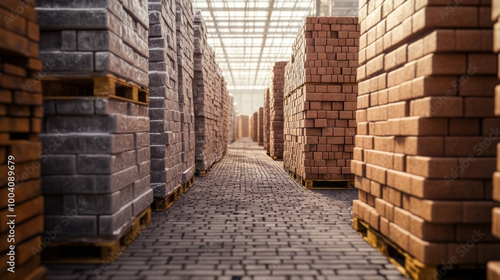 A warehouse with stacks of bricks and pallets A warehouse with stacks of bricks and pallets