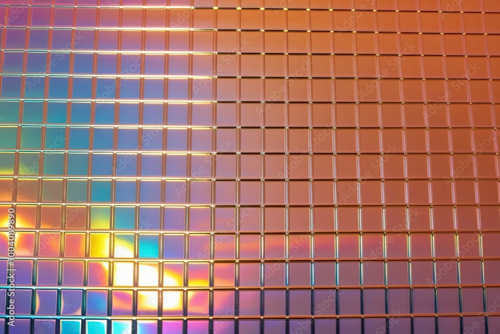 Fototapeta premium Bold Iridescent Orange Holographic Chrome Foil Grid Texture with Pastel Rainbow Gradient Flow Effect