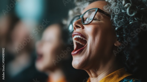 An elderly woman joyfully sings with vibrant glasses and gray curly hair, demonstrating lively expression and dynamic emotion in a powerful artistic portrait. photo