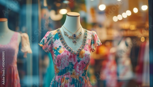 A close-up shot of a floral dress with a sparkly jeweled necklace, displayed on a mannequin in a store window.