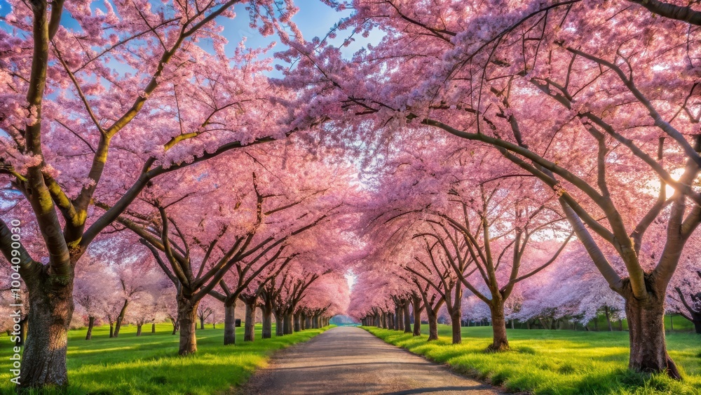 A Scenic Pathway Lined with Blooming Cherry Blossom Trees in Springtime A Scenic Pathway Lined with Blooming Cherry Blossom Trees in Springtime