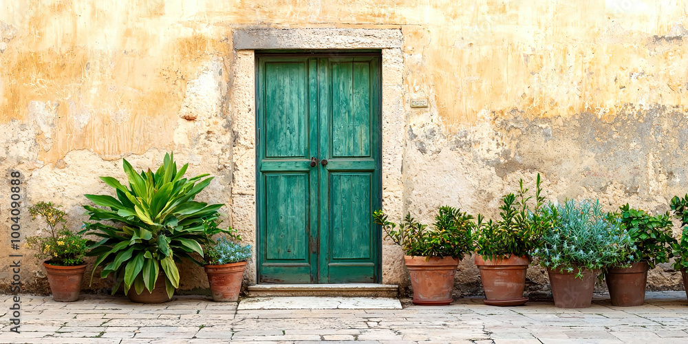 A green door with a green plant in front of it A green door with a green plant in front of it