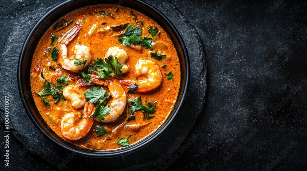 Top-down shot of a rich Brazilian moqueca featuring seafood and coconut milk in a black bowl, set against a dark slate background with generous copy space. Top-down shot of a rich Brazilian moqueca featuring seafood and coconut milk in a black bowl, set against a dark slate background with generous copy space.